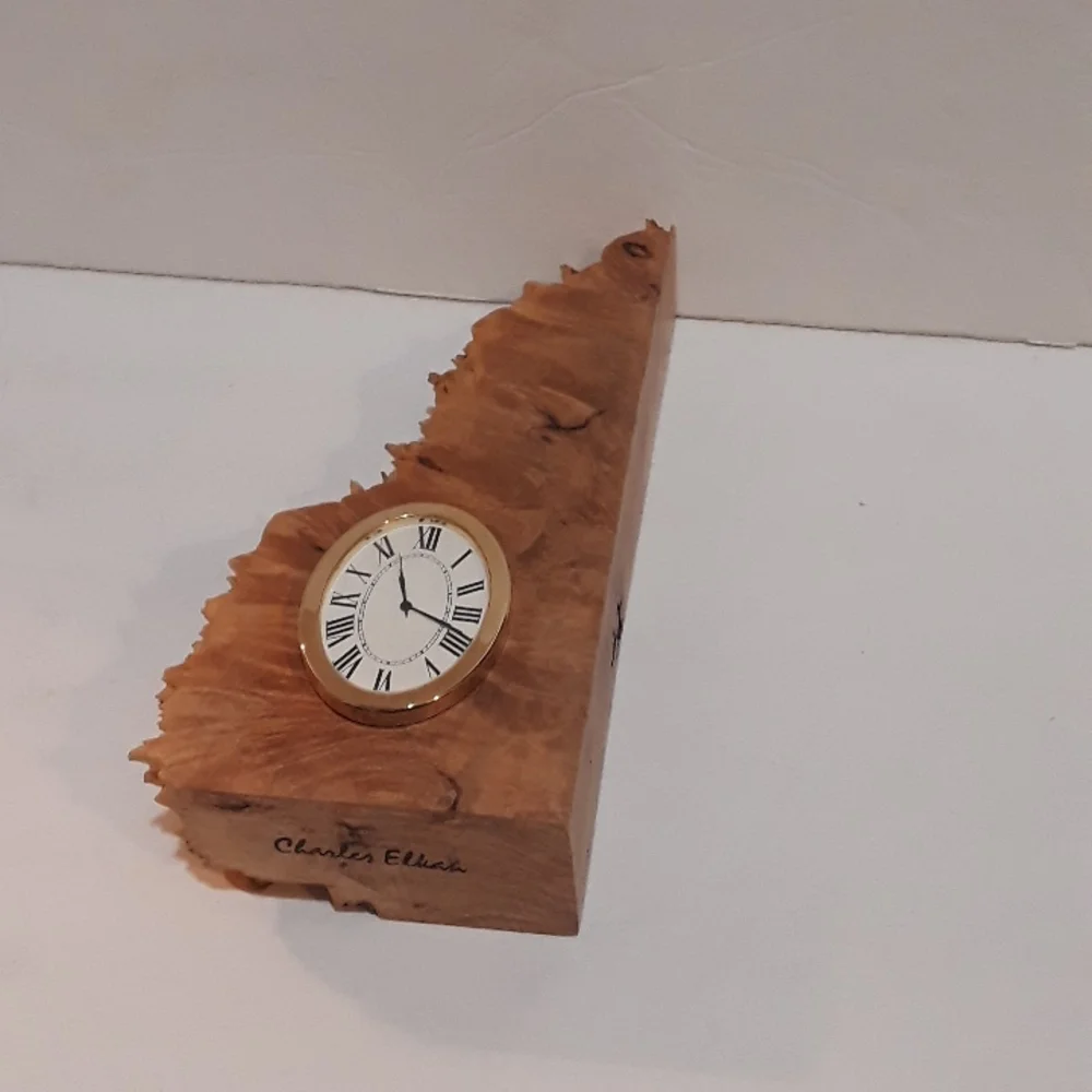 RARE CHARLES ELKAN DESIGNER BURL WOOD DESK BOOKEND CLOCK SIGNED
